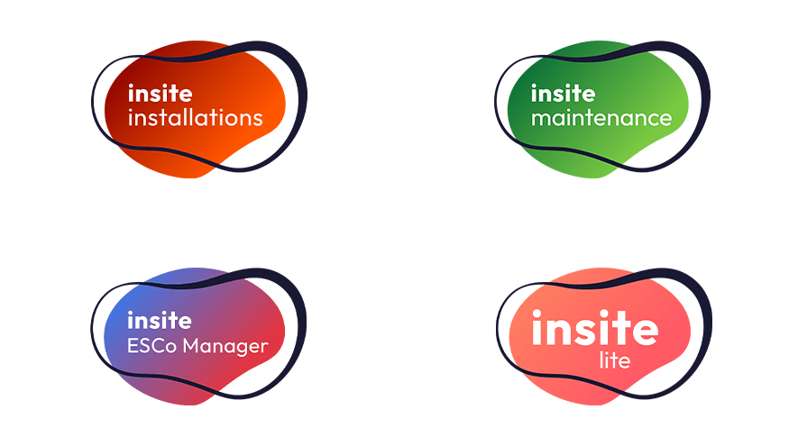 Insite Installations logo is red, Insite Maintenance's logo is green, Insite Lite's logo is pink, and Insite ESCo Manager logo is a gradient from blue to purple.